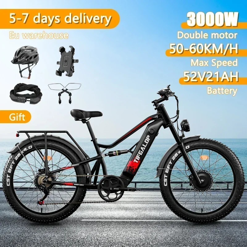 New Electric Bike for Adults 3000W Dual Motor EBike 52V 21AH Battery Hydraulic Brake 60km/h 26'' Fat Tire Throttle MTB Bicycle