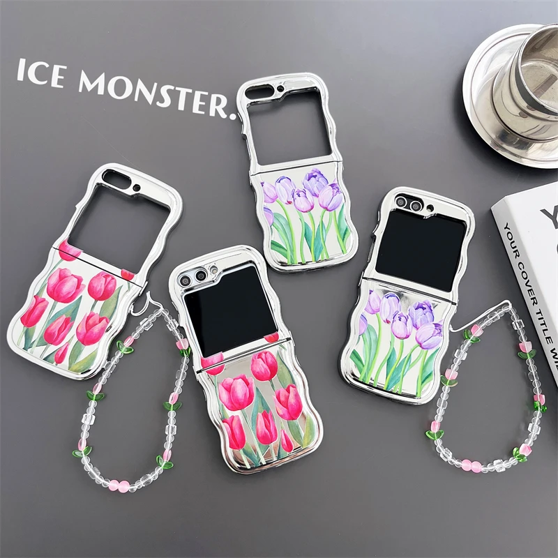 

Oil Painting Tulip Bracelet Wristband Chain Electroplate Silver Shockproof Phone Case For Samsung Galaxy Z Flip 5 4 3 Back Cover