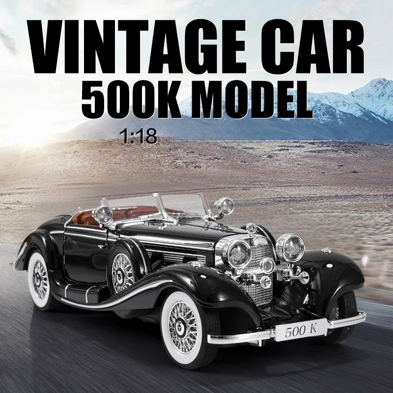 500K Vintage Car Model with Sound and Light Simulation 1:18 Benz Collection Miniature Voiture Children Boy Diecast Toy Vehicle