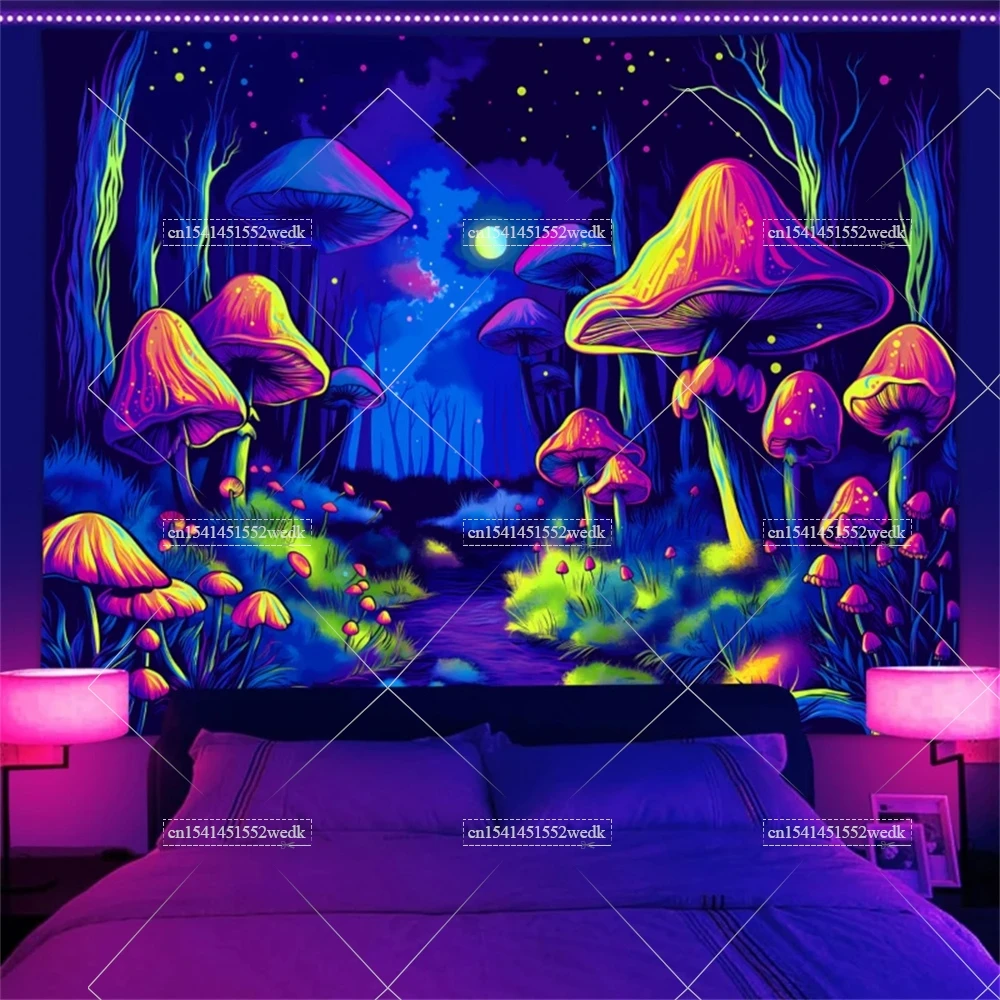 UV Reactive Mushroom Fluorescent Tapestry Plant Forest Natural Landscape Blacklight Tapestry Neon Wall Decor Aesthetic Poters