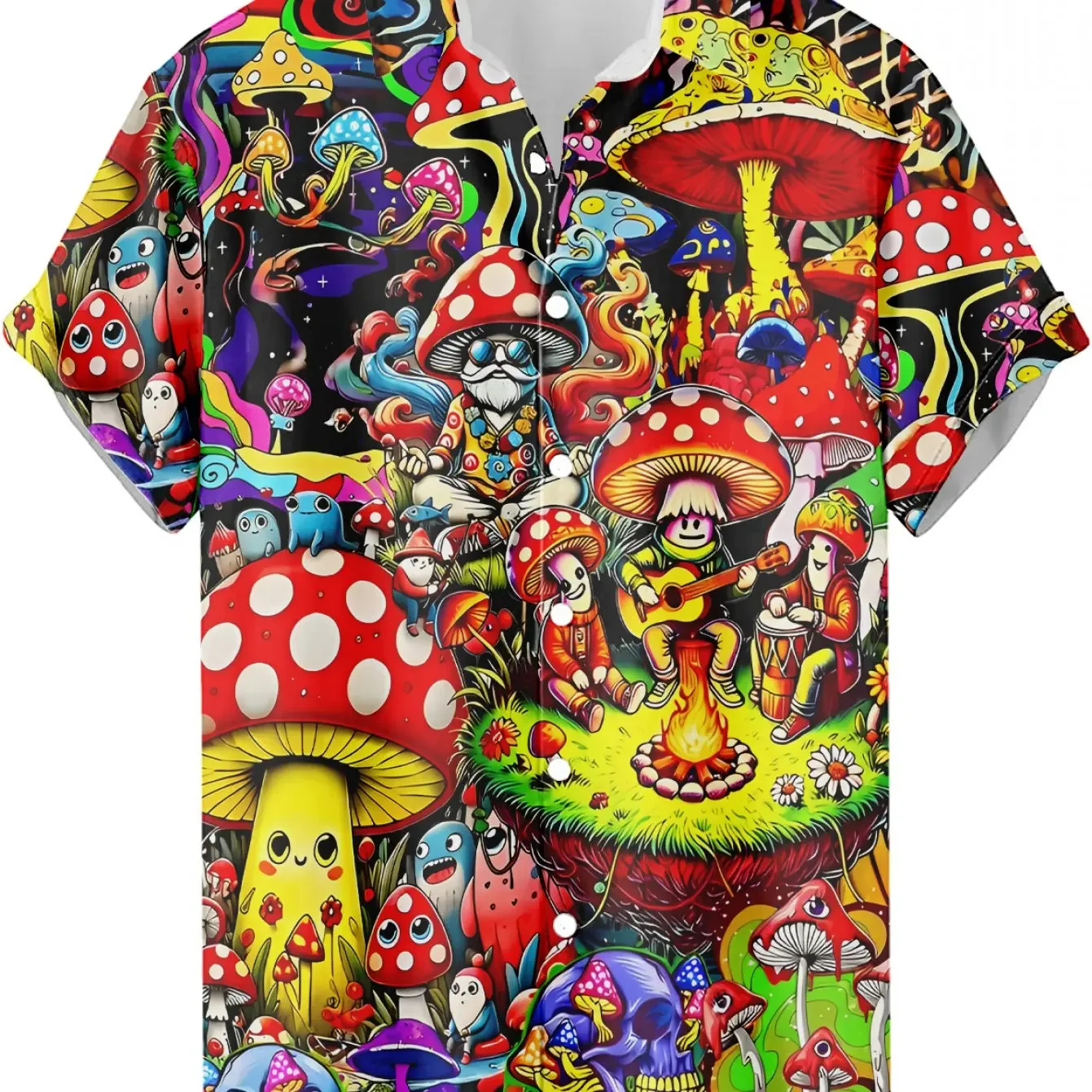 Mens Summer Vacation Shirt All-Over Print Trippy Neon Mushroom Galaxy Star Pattern Short Sleeve Button-up Casual Party Shirts