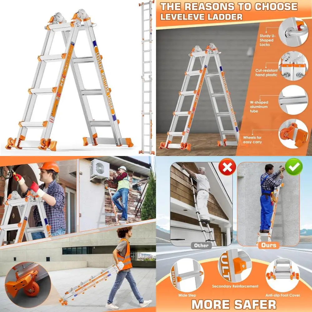 

Multi-Position 14-Foot Extension Ladder with A-Frame, 4 Steps, Stabilizer Bar, Wheels, and 330 lbs Load Capacity for Secure Use