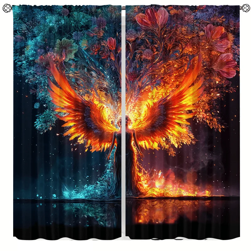 Flame wing tree pattern curtains, pole-mounted installation. Suitable for living rooms, bedrooms, dining rooms and hotels.
