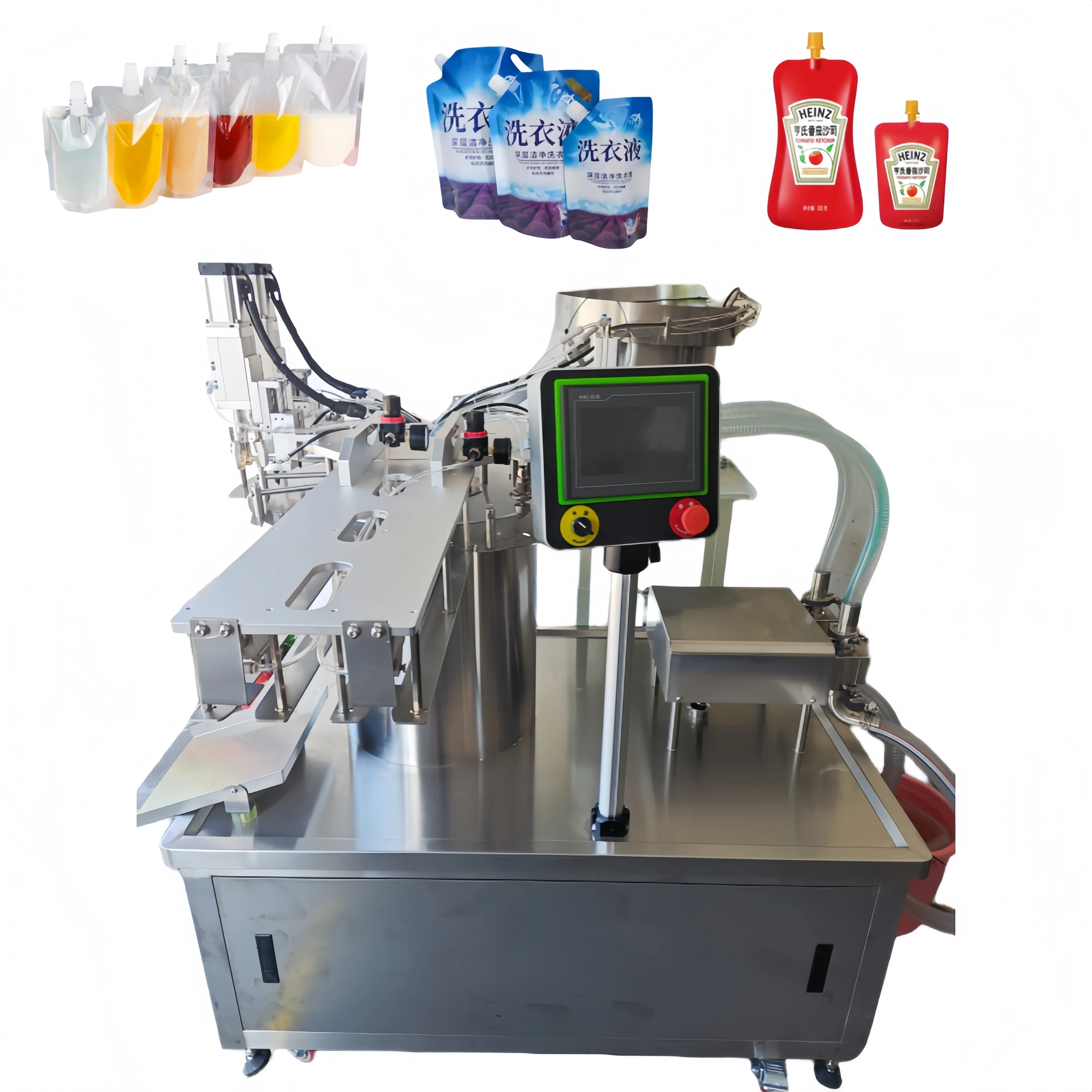Rotary Liquid Paste Filling Machine For Water Edible Oil Ketchup Stand-Up Bag Automatic Nozzle Control Screw Cap Filling Machine