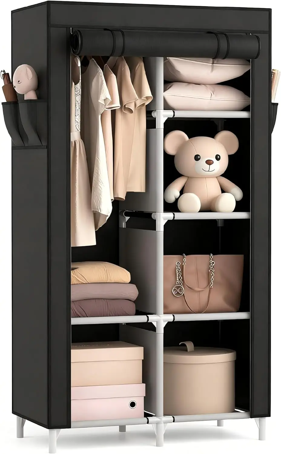 

Portable Closet Wardrobe Closet for Hanging Clothes with 6 Storage Shelves, 1 Hanging Rod and 4 Pockets, Free Standing Closet