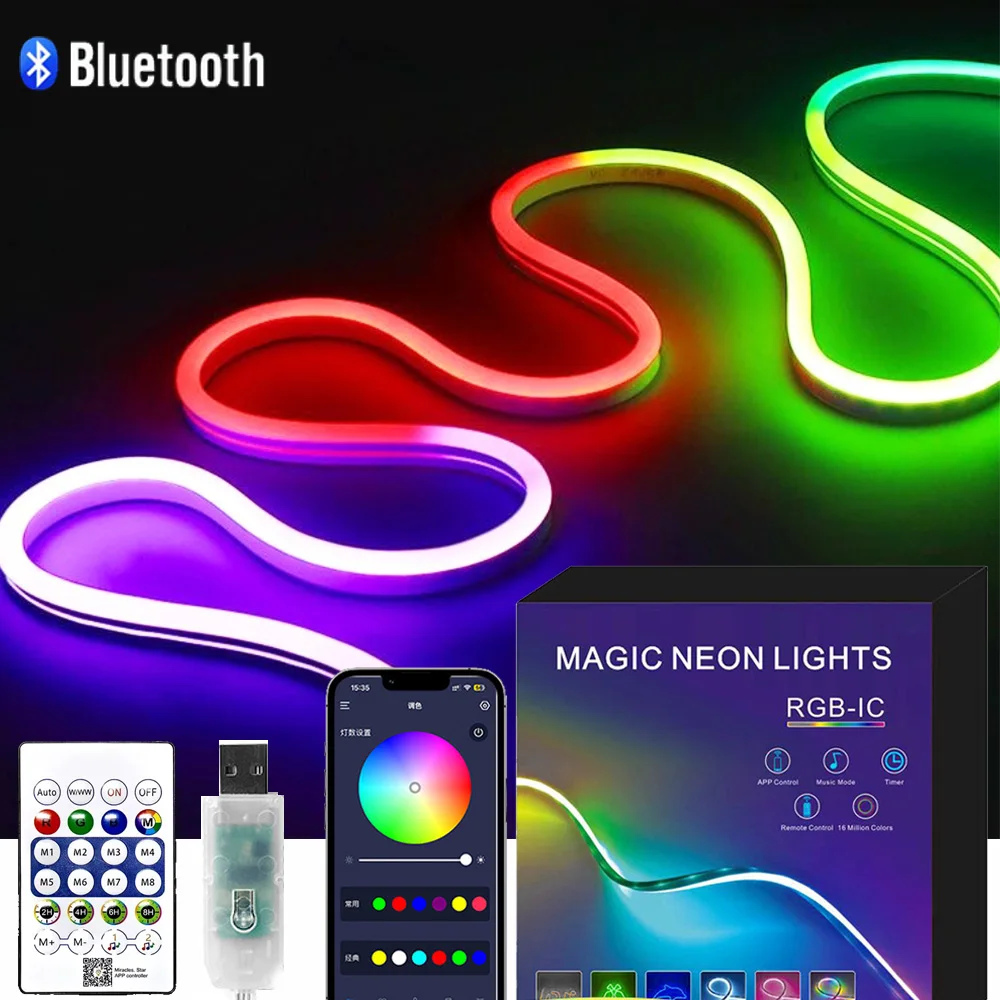 1M-5M USB Bluetooth RGBIC Neon LED Strip Lights Addressable Neon Rope Waterproof Dimmable Flexible Tape TV Room Decoration Light