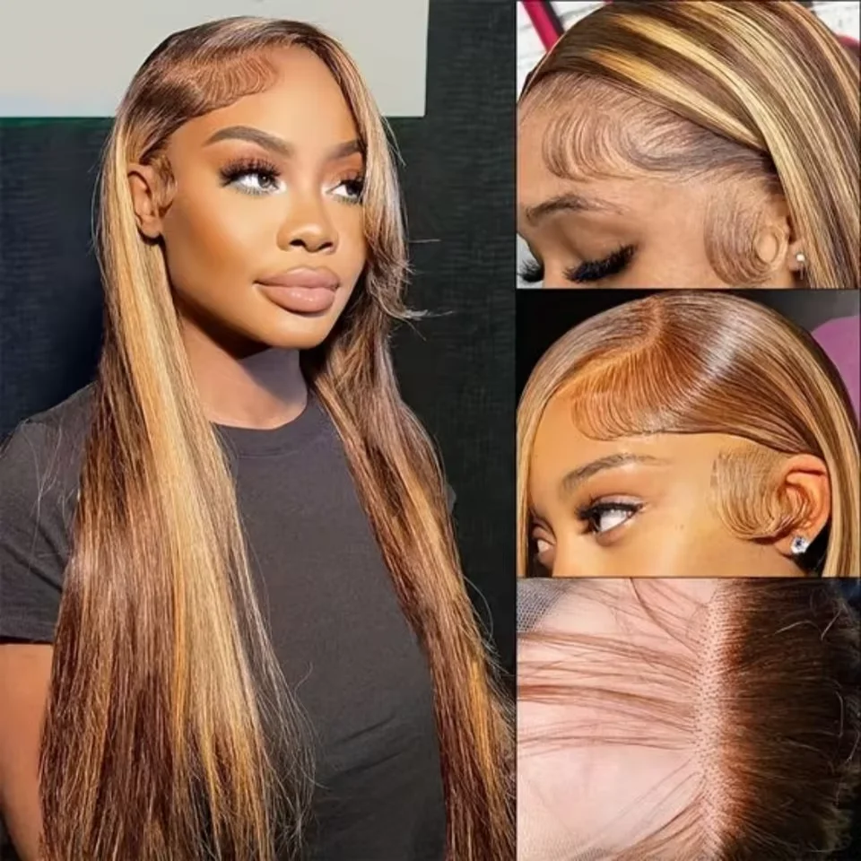 P4/27 Highlight Straight Human Hair 46 Inches 13x6 HD Transparent Lace Front Wigs 220% Density Brazilian Pre Plucked Hair For Women