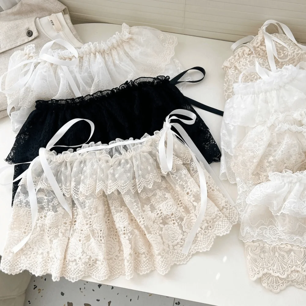 Balletcore White Lace Fart Curtain Ballet Style Lace Up Mini Lace Skirts Y2k Stacked Ruffle Short Skirts Jeans Decorative