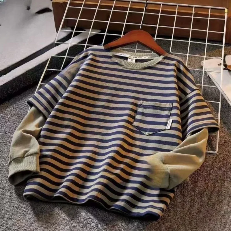 

Свитшот из двух предметов для мальчиков, футболка, весна 2025 года, полосатый лоскутный модный корейский детский повседневный свободный топ, простой стиль, От 4 до 12 лет