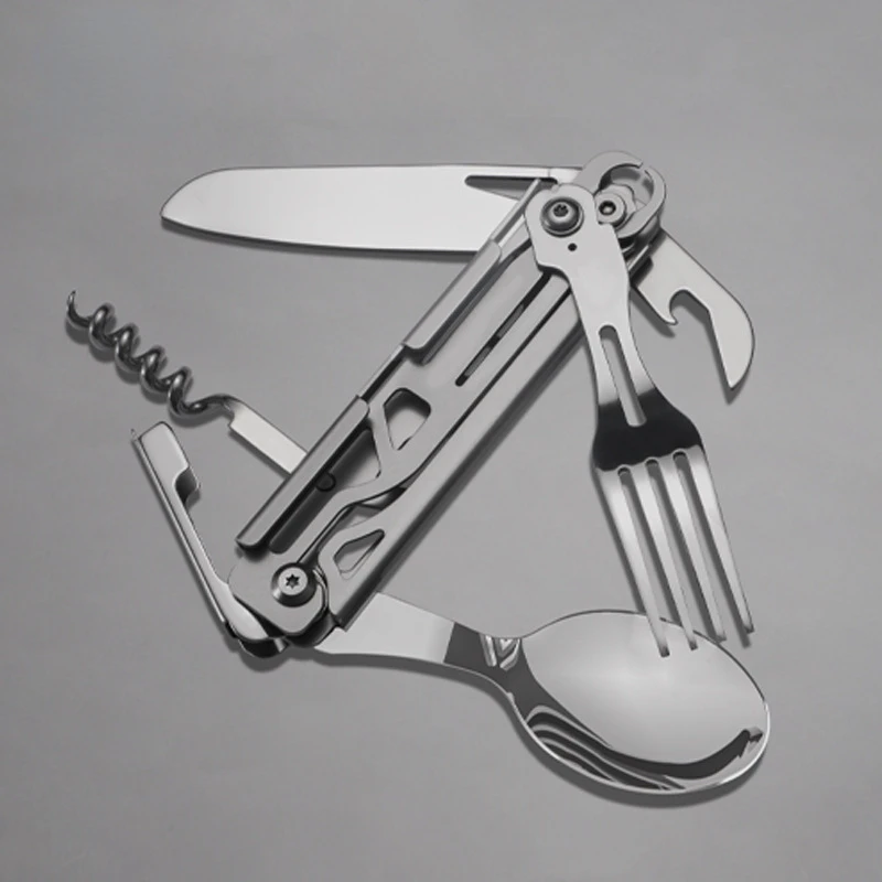 Folding Cutlery Portable Corkscrew Tableware High Strength Stainless Steel Disassembly Camping Fork Spoon Cutter for Outdoor