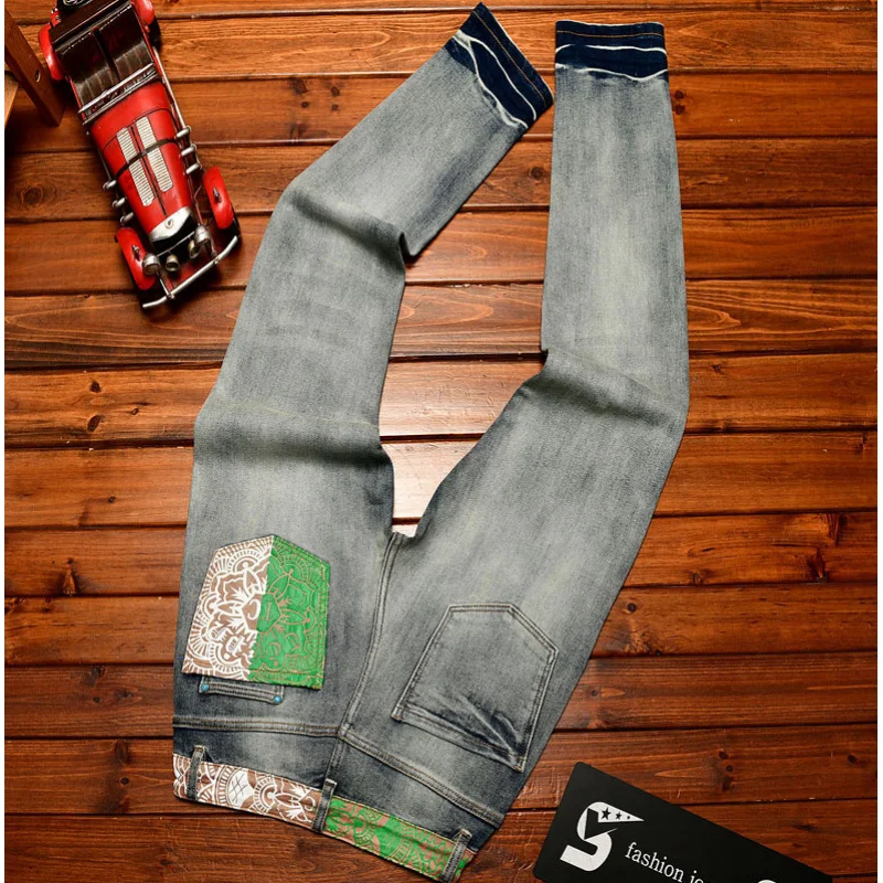 بنطال جينز ريترو عتيق للرجال، أزياء فاخرة خفيفة مطبوعة ممزقة بقصة ضيقة على الطراز الأمريكي العصري