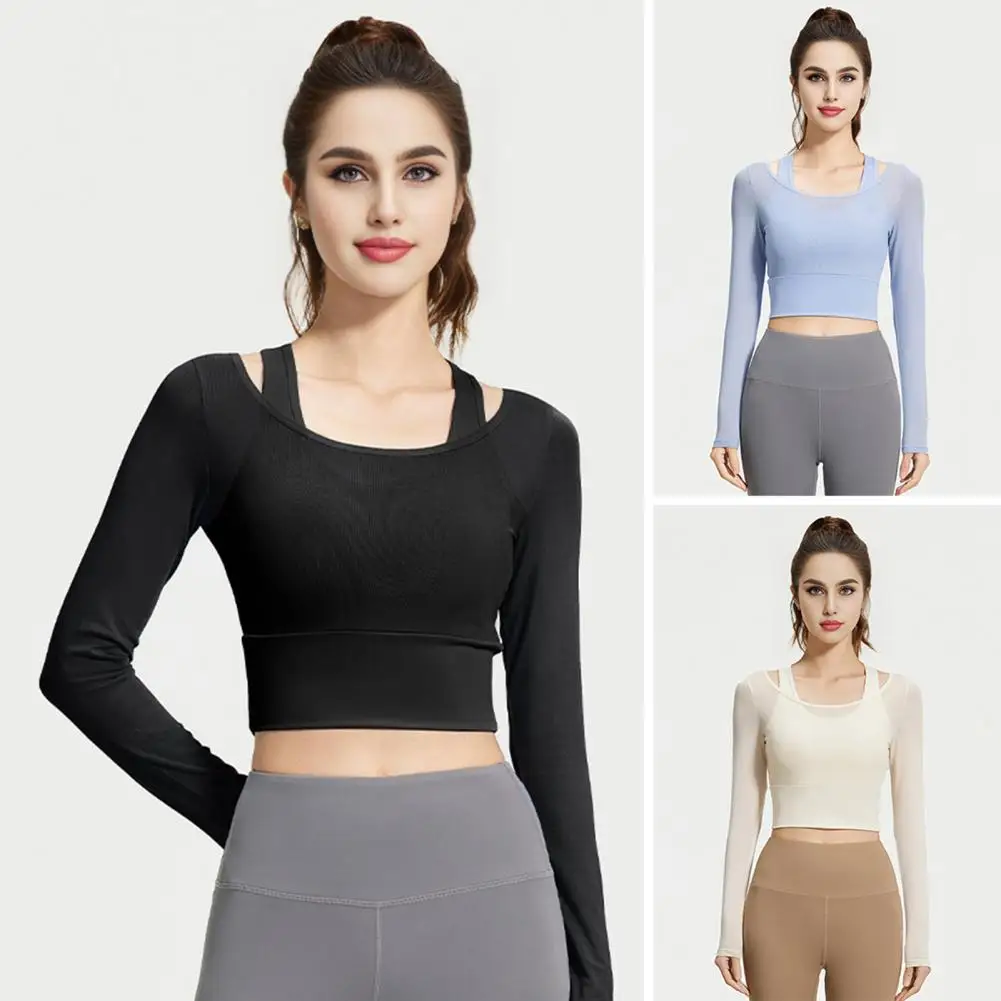 

Women's Sheer Mesh Fake Two-Piece Crop Slim Fit Workout Tops Padded Yoga Fitness Shirts