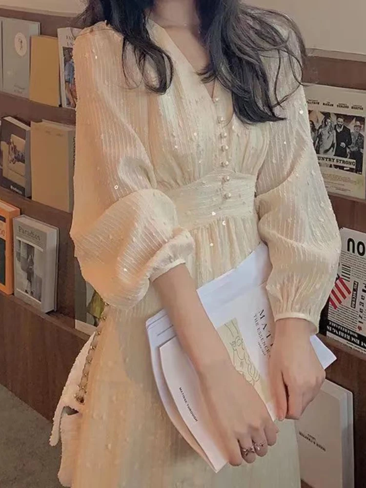 Elegant Fairy Sequined Dress Women 2023 Autumn Sweet Puff Sleeve Retro Midi Dress Female Evening Party Casual Korean Style Dress