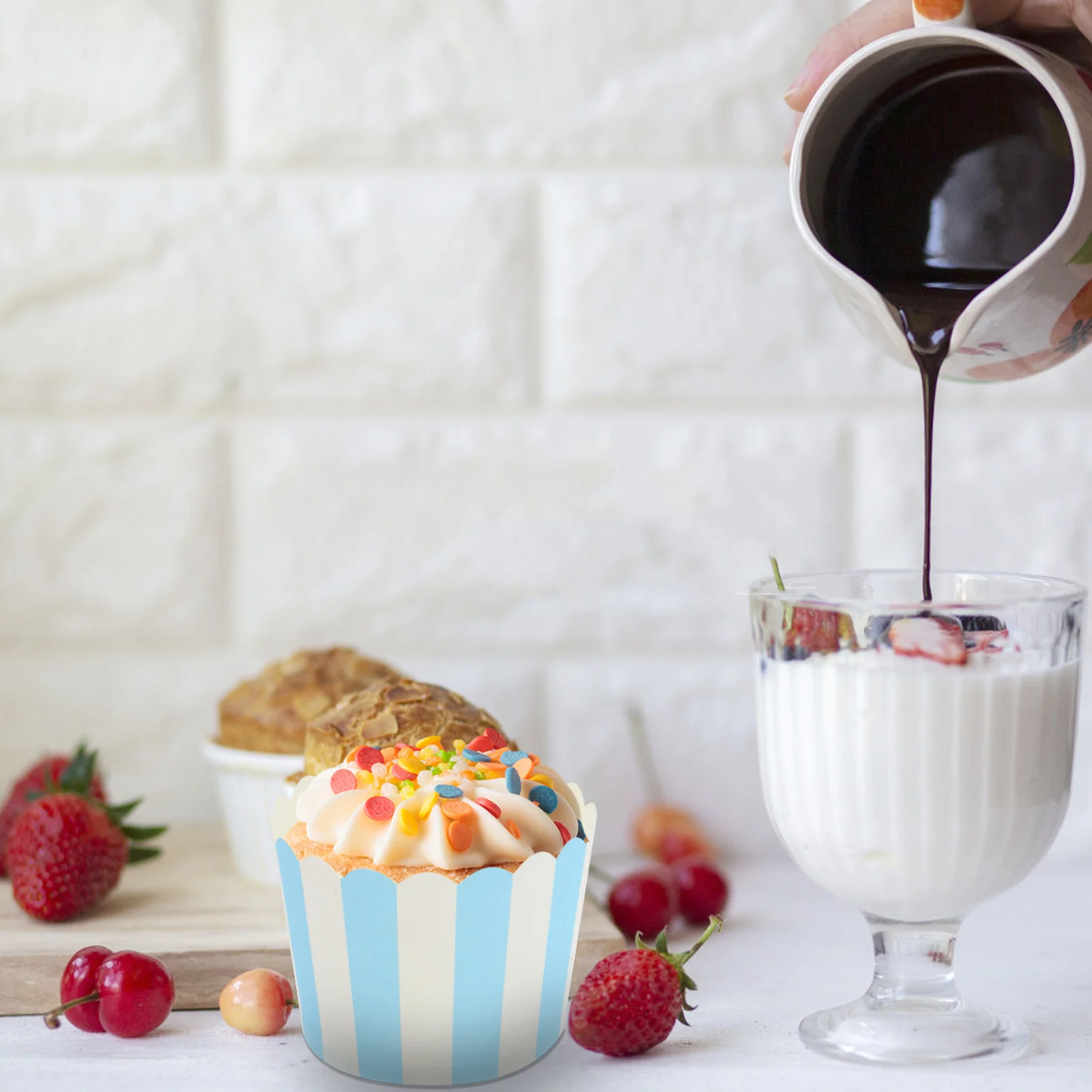 

50Pcs Paper Cupcake Wrappers Blue White Stripes Sturdy Flexible Non Stick Baking Cups for Cupcakes Muffins Cookies