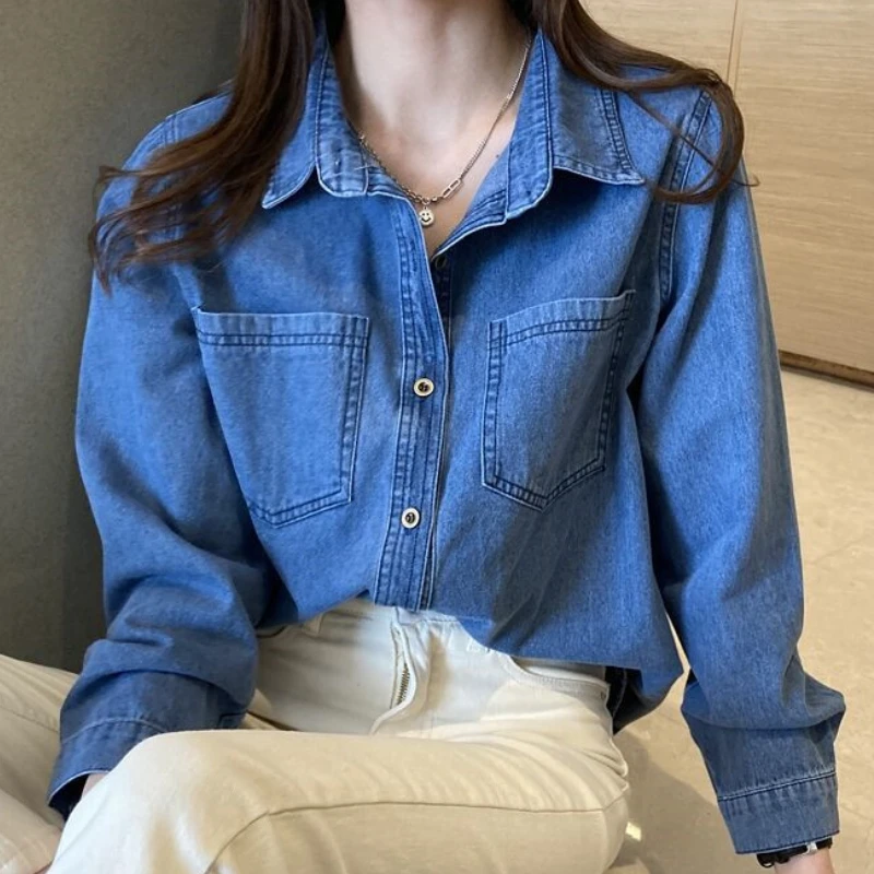 Jeans Shirts Women Blue Blouses Lady Tops Cotton Long Sleeve Blusas Blue Pockets Loose Female Clothing Jeans Shirts All Season