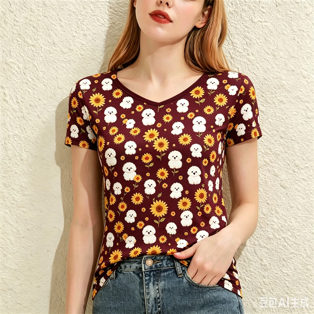 Summer Women's V-neck T-shirts Fashion Cute Dog 3D Printed Short Sleeve Tees Sunflower Pattern Loose Tops Casual Female Clothing