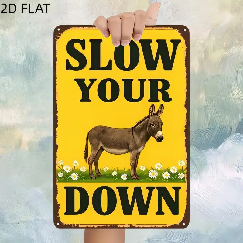 Slow Your Down Donkey & Daisies Vintage Metal Tin Sign - Yellow Retro Rustic Wall Art, Iron, Perfect for Farmhouse Home Garden D