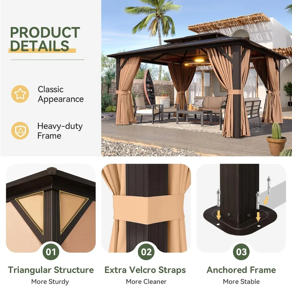 

12'x10' Hardtop Gazebo, Aluminum Frame Permanent Pavilion with Curtains and Netting, Outdoor Polycarbonate Double, Customized