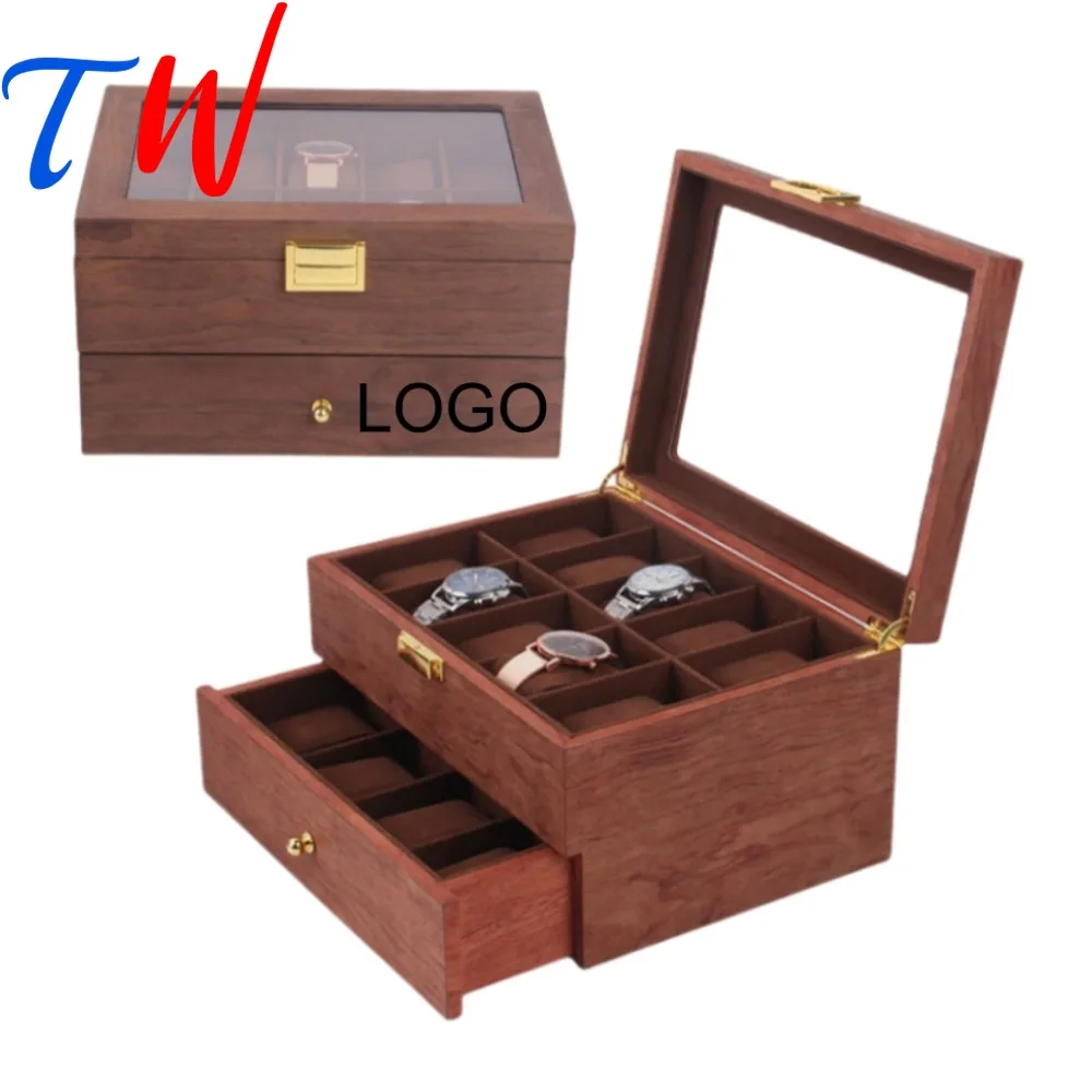 

Custom Logo 20-Slot Cherry Wood Jewelry Organizer-Glass Top Watch Display Case with Drawers,Multi-Use Storage Box for Watches