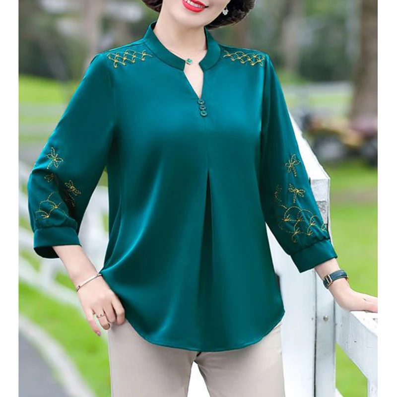 Women Clothes Vintage Embroidery Elegant Blouses Summer Fashion V Neck Three Quarter Sleeve Shirts Solid Loose Ladies Tops S-5XL