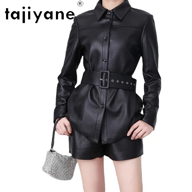TAJIYANE 100% Top Layer Sheepskin Genuine Leather Jacket Women Long Sleeve Shirt Jacket Fitted Waist Outwear Lapel Jaqueta Chic