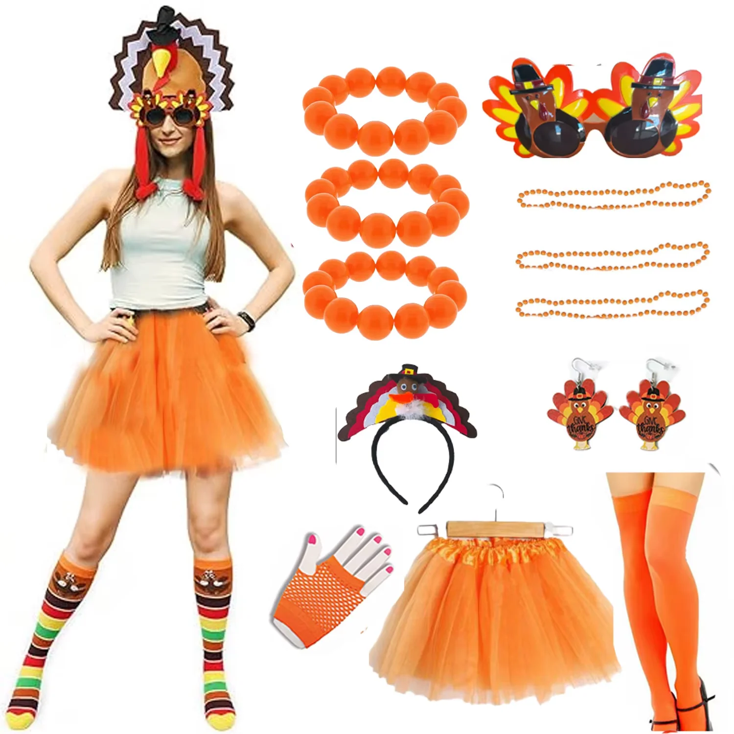 PESENAR Thanksgiving Turkey Costumes Set Includes Turkey Trot Tutus Turkey Headband Socks Gloves Glasses Necklace Bracelet