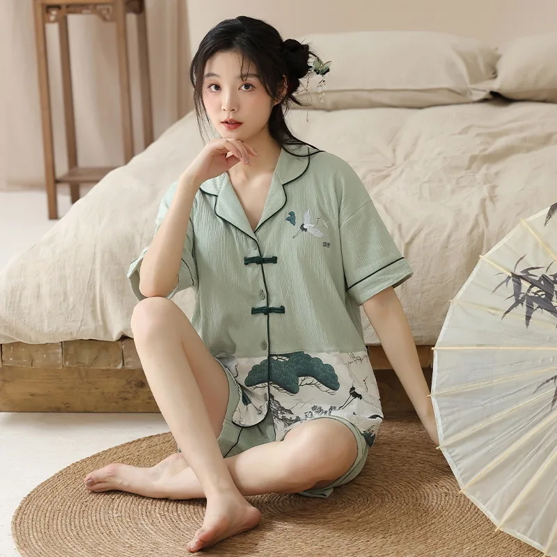 New Chinese Style Pajamas With Chest Pads, Women's Summer Cotton Thin Cardigan Short Sleeved Pants, Loose And Popular Home Cloth