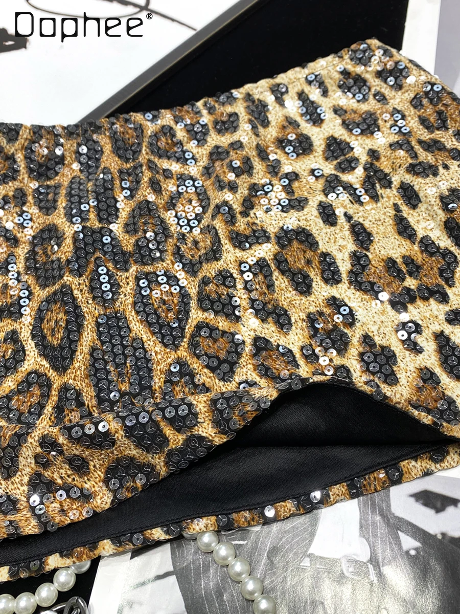 High street personalidade quente menina leopardo impressão lantejoulas saia brilhante moda sexy cintura alta magro mini saia feminina a linha saias