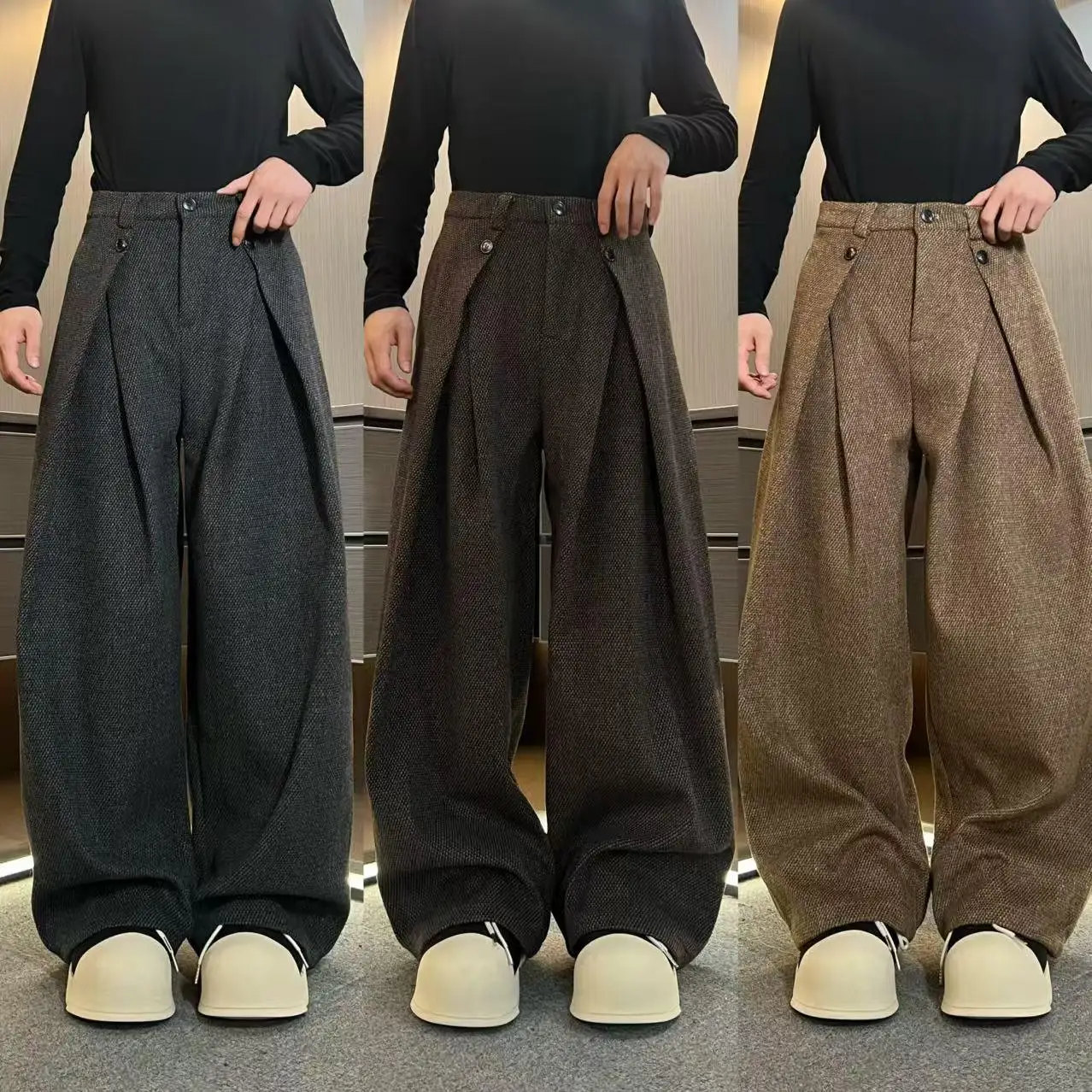 

Мужские утепленные шерстяные брюки для зимы, повседневные, свободного кроя, широкие, длинные, из полиэфирного волокна