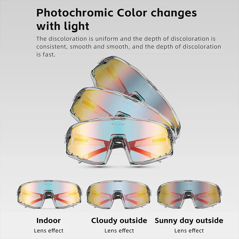 WEST BIKING Colorful Photochromic Cycling Sunglasses UV Protection Road Bike Glasses Air Guide Design Goggles Couples Sport Gear