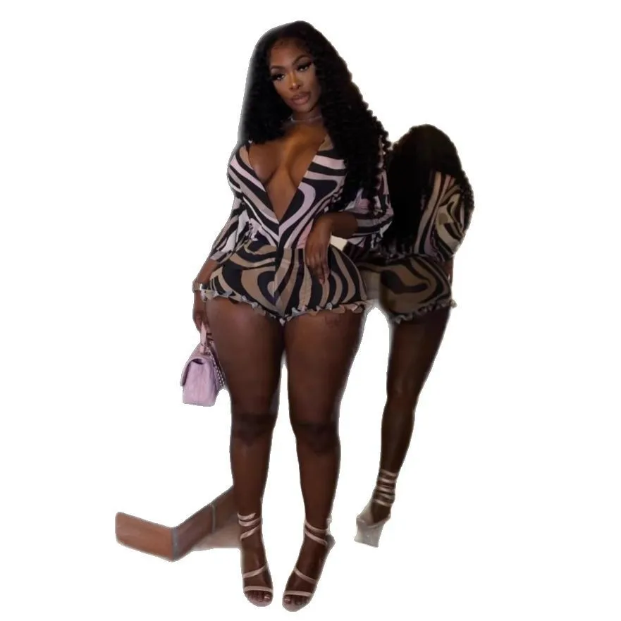 2 Pieces Set For Woman Shorts V Neck Top Short Pants High Waist Zebra Print Two Piece Set Capri Pants Contrast
