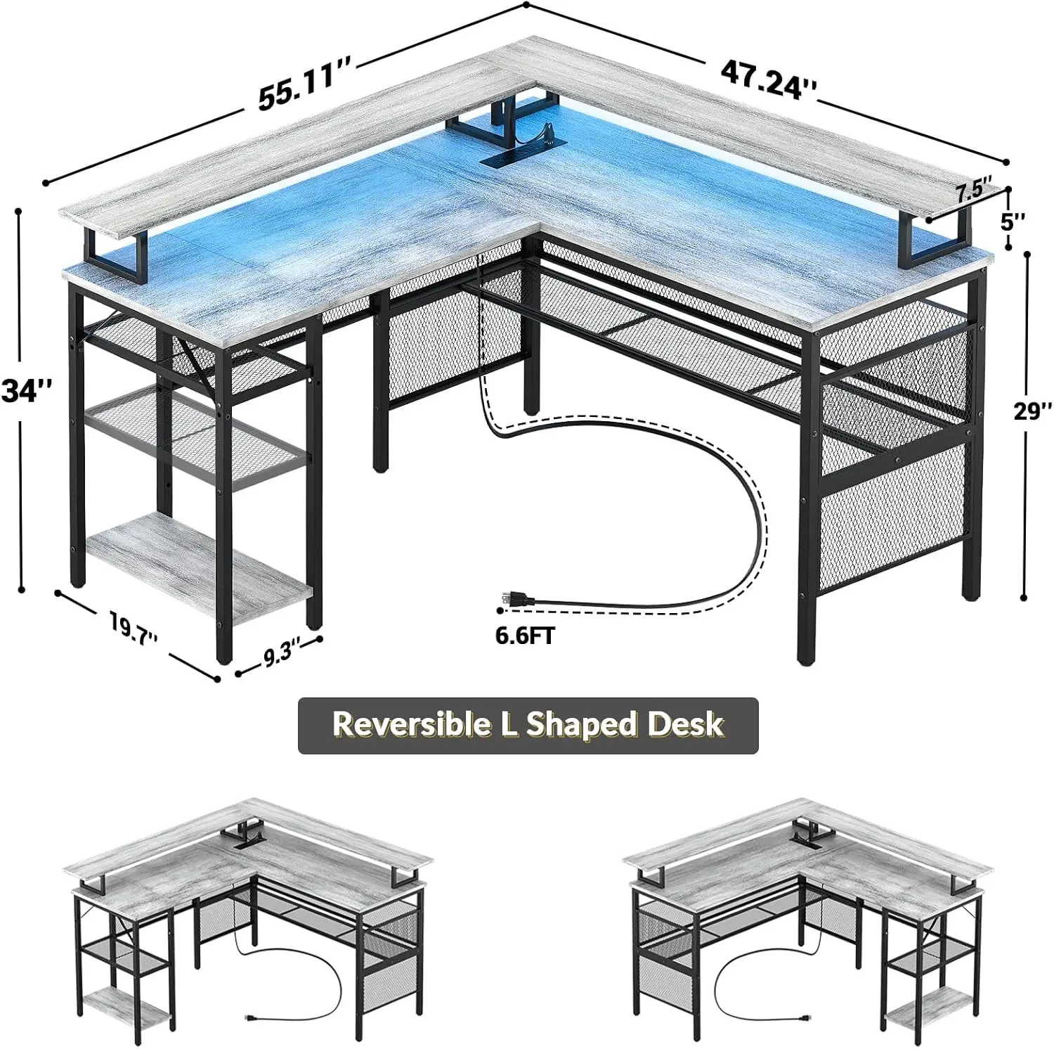 L Shaped Computer Desk, Reversible Corner Desk with Power Outlet and LED Strip, L- Shaped Gaming Table