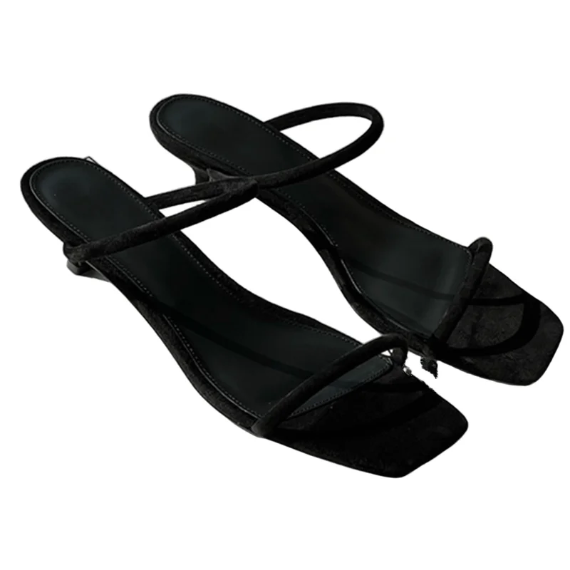 

Withered French Minimalist Fashion Genuine Leather Women's Shoes One-strap Square Toe Open Toe Kitten Heel Stiletto Sandals