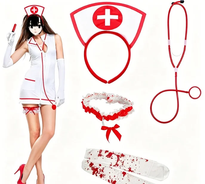 Krankenschwester-Themen-Set: Krankenschwester-Stirnband, Stethoskop, weiße Handschuhe und überkniehohe Strümpfe für Rollenspiele und Halloween-Kostüme