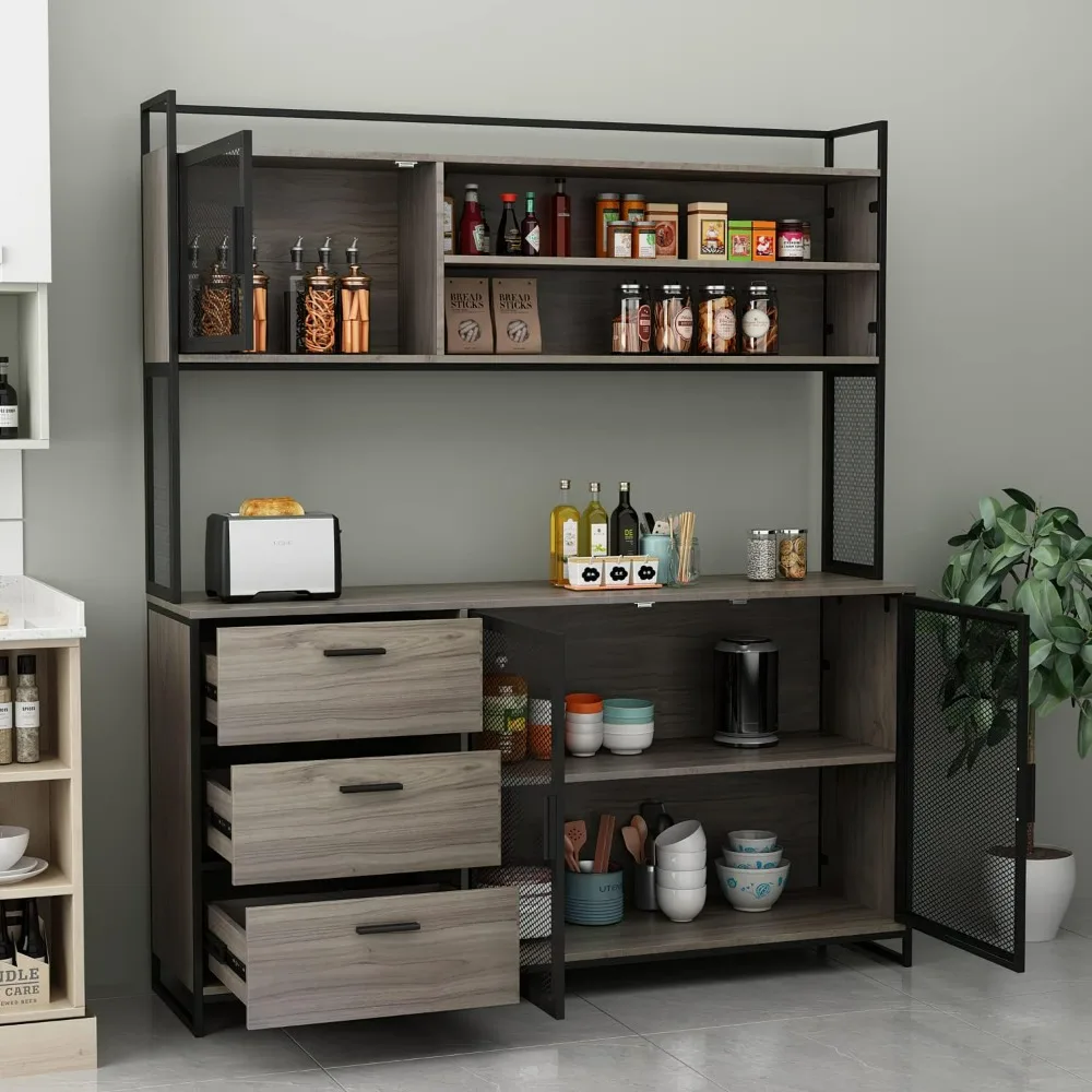 Sideboard Buffet Storage Cabinet with Hutch, 3 Metal Mesh Doors, 3 Drawers & 5 Compartments, Kitchen Pantry Cupboard Table