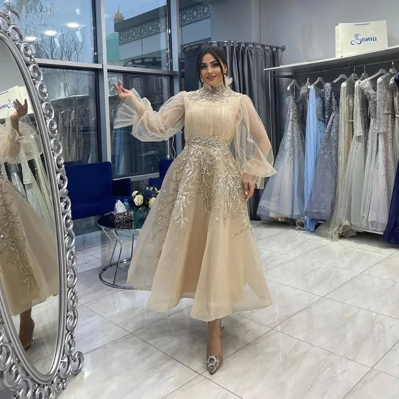 Elegante champán musulmán A-Line tul invitados de boda noche cóctel graduación vestidos de fiesta para novia vestidos para ocasiones especiales