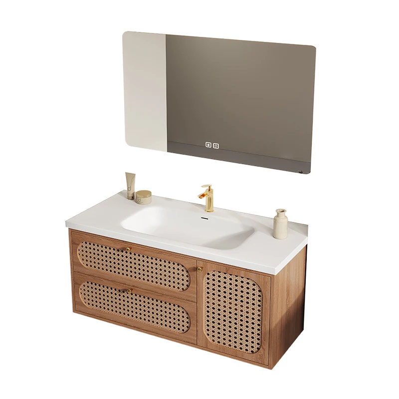 

Japanese-style rattan bathroom cabinet combination Corian integrated basin walnut retro log wind washing table customization