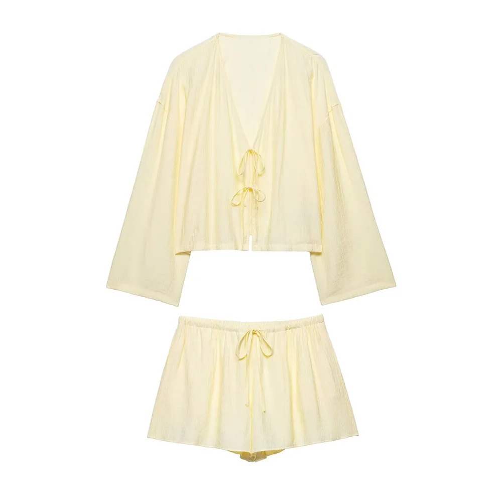 

Women Kimono Style Shirt Shorts Set Wrinkle Effect Outerwear Spring Summer Casual Two Piece Outfit New Fashion Trend
