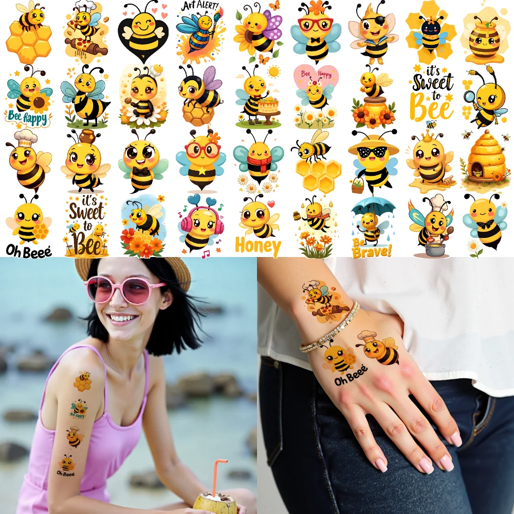 

63 шт. временные татуировки пчела наклейки мультфильм медоносная пчела искусство временные татуировки наклейки для женщин