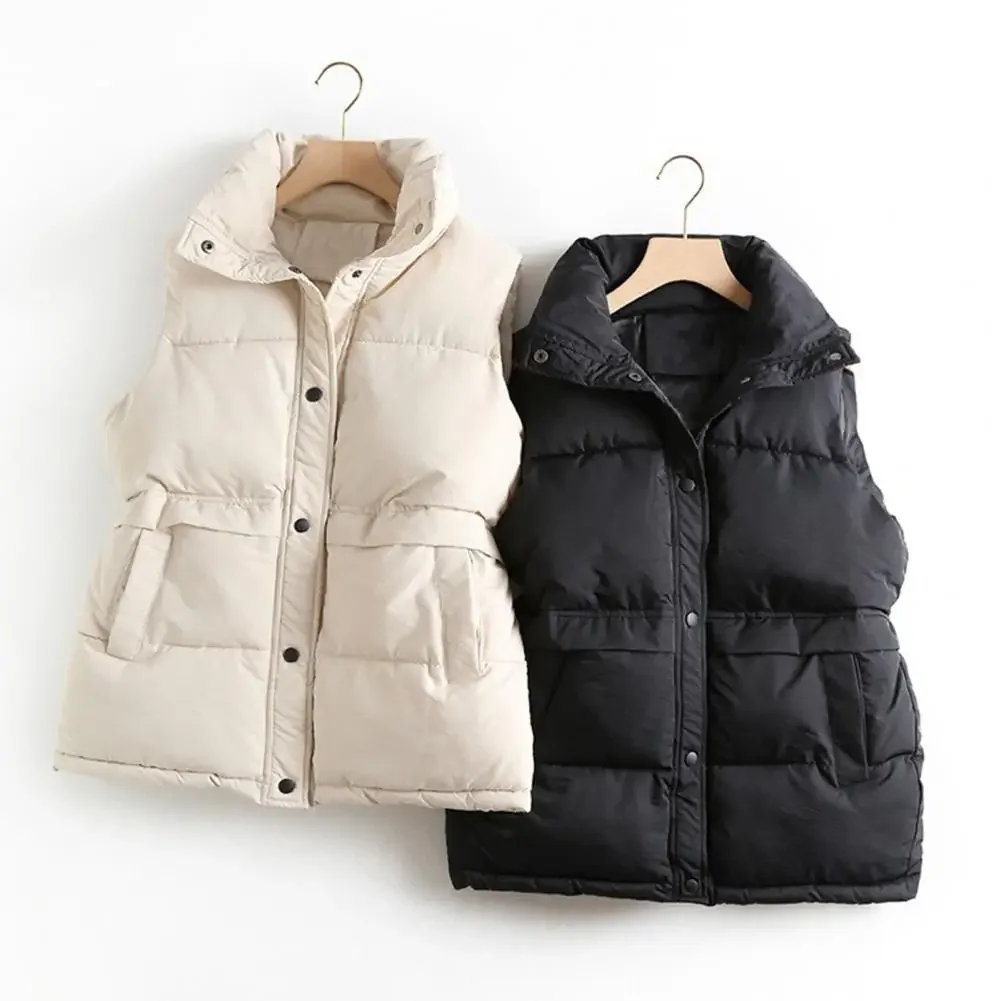 Winter Women Coat with Pockets Press Button Closure Stand Collar Sleeveless Padded Coat Solid Color Outdoor Down Waistcoat