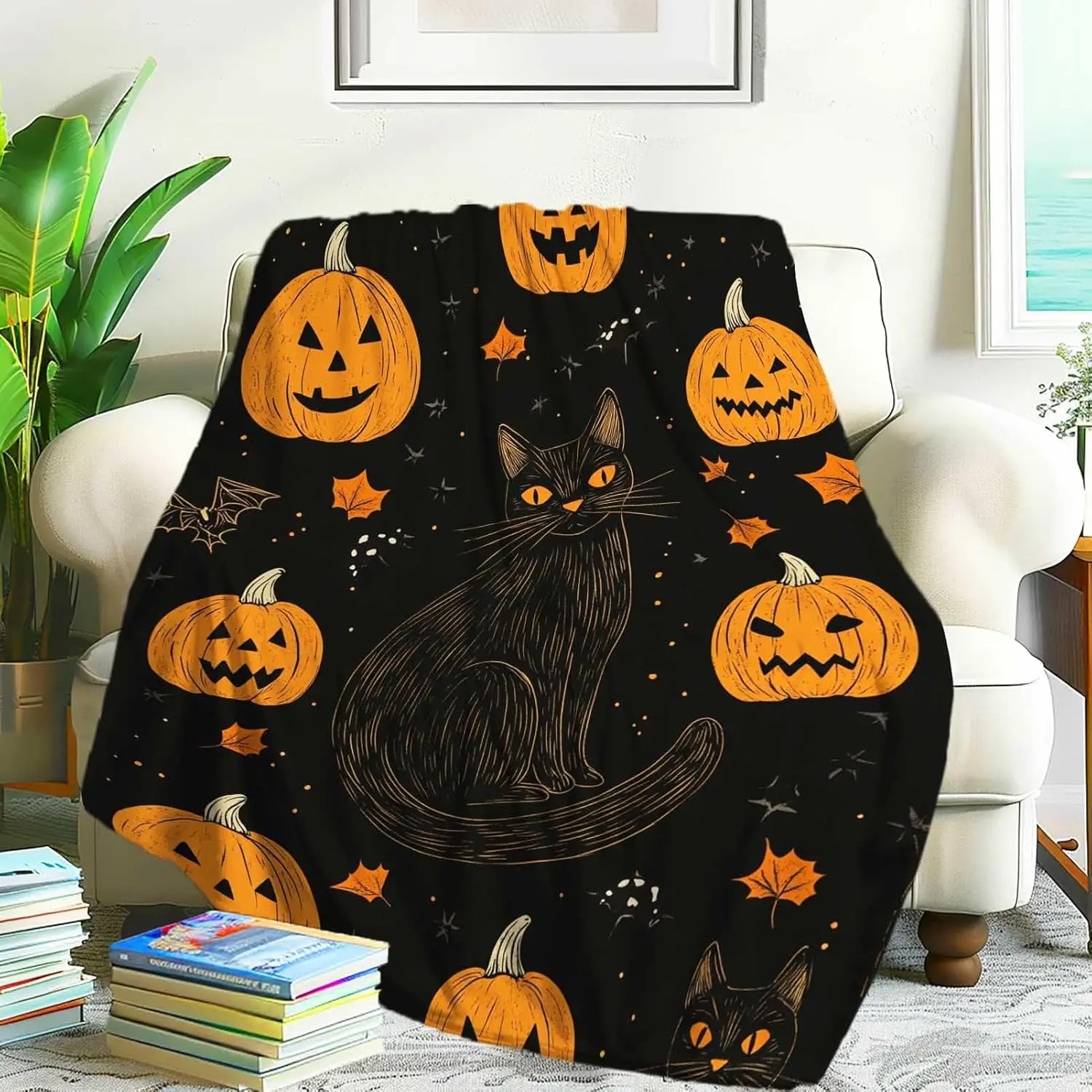

Halloween Black Cat and Pumpkin Throw Blanket, Cute Spooky Fall Decor for Women Men Kids, Soft Warm Flannel Blanket