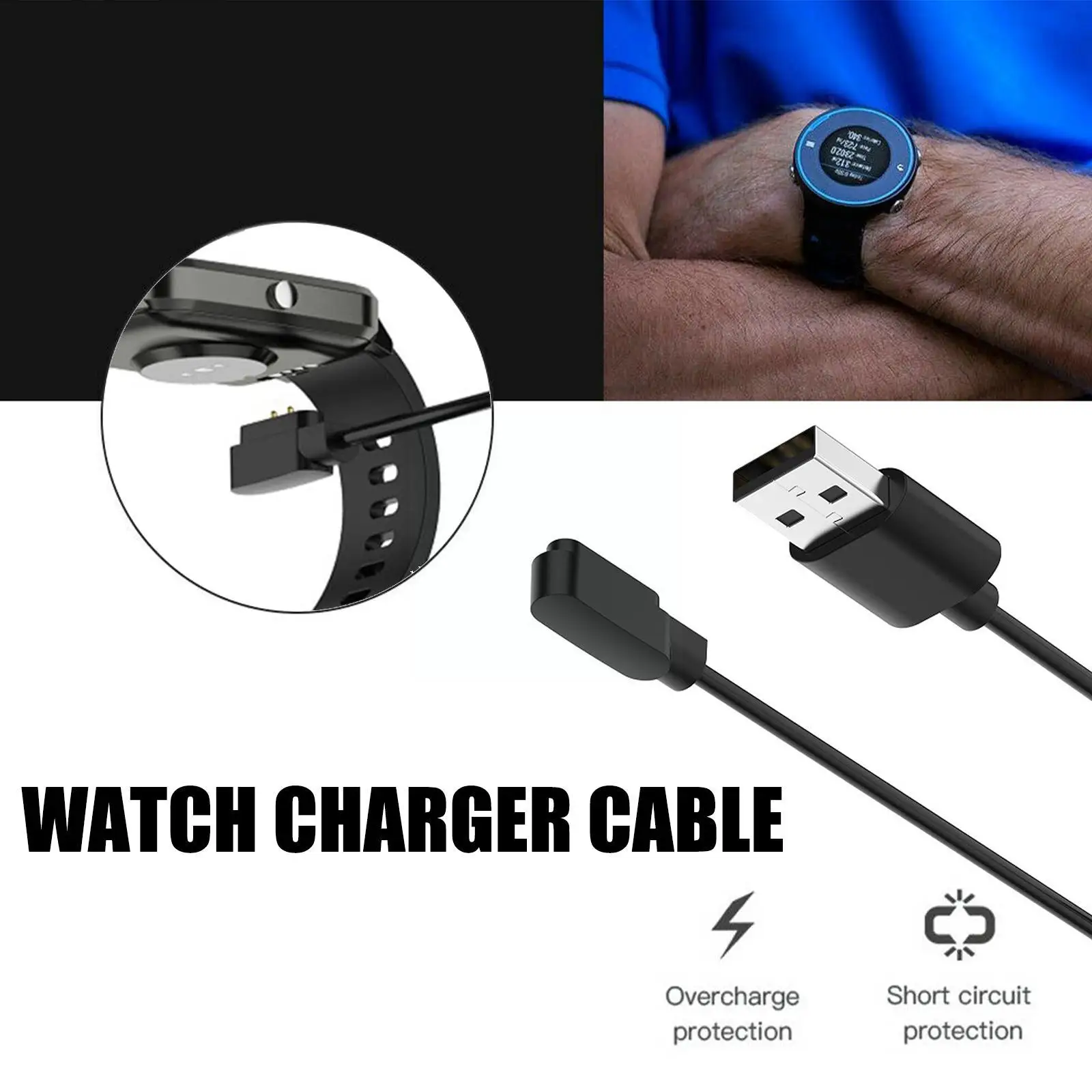 1Pc Black General Smartwatch Willful IP68 Magnetic Suction Charger 2-pin For Uwatch GT ID205L Charging Cable N8Q3