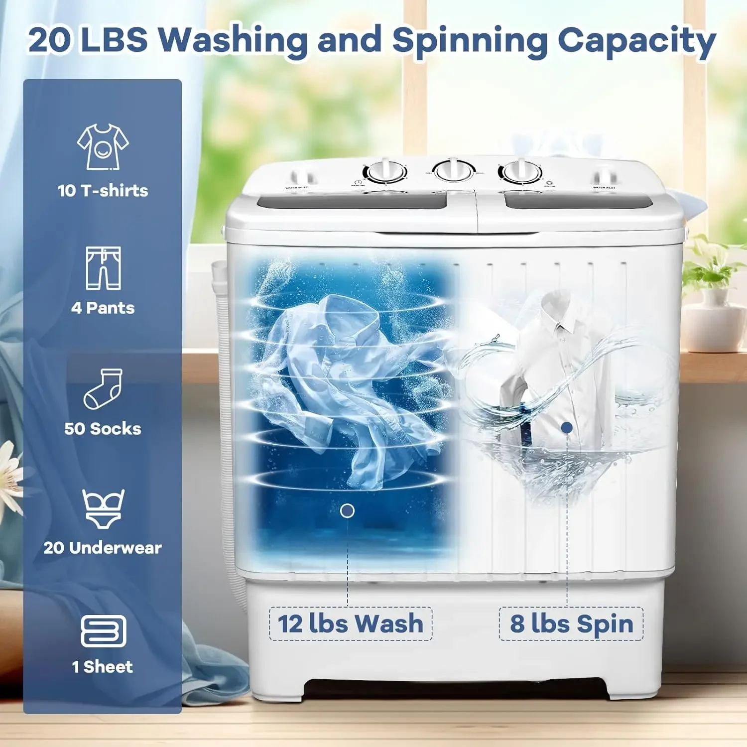 Portable Washing Machine, 20lbs Washer and Spinner Combo, Twin Tub 12lbs Wash & 8lbs Spin, Mini Compact Laundry Clothes for Apar