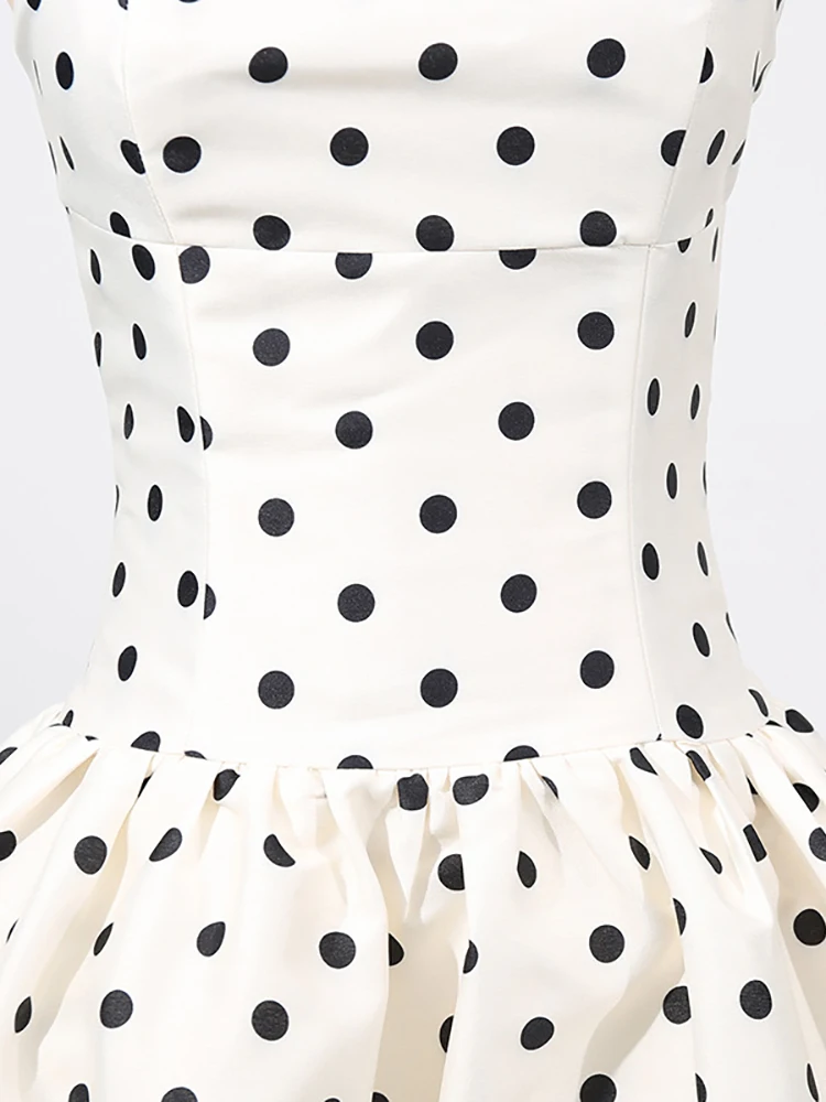 섹시한 스파게티 스트랩 폴카 도트 A라인 드레스 여성용 민소매 스퀘어 넥 하이 웨이스트 롱 드레스 우아한 이브닝 파티 가운