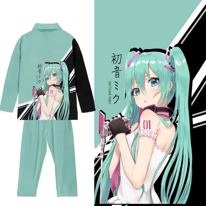 Anime Hatsune Miku Lounge Clothes Cartoon Cute Men and Women Fashion Print Long Sleeves and Trousers Pajamas 2 Piece Set