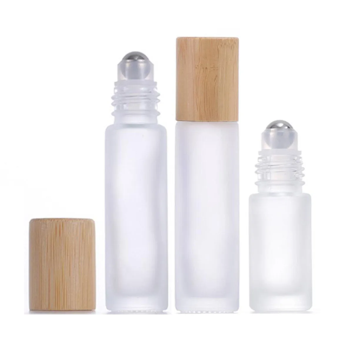 12X 24X 5ML 10ML Glass Essential Oil Roll On Bottles Natural Bamboo Wood Lid Perfume Vials Steel Roller Ball Refillable Portable