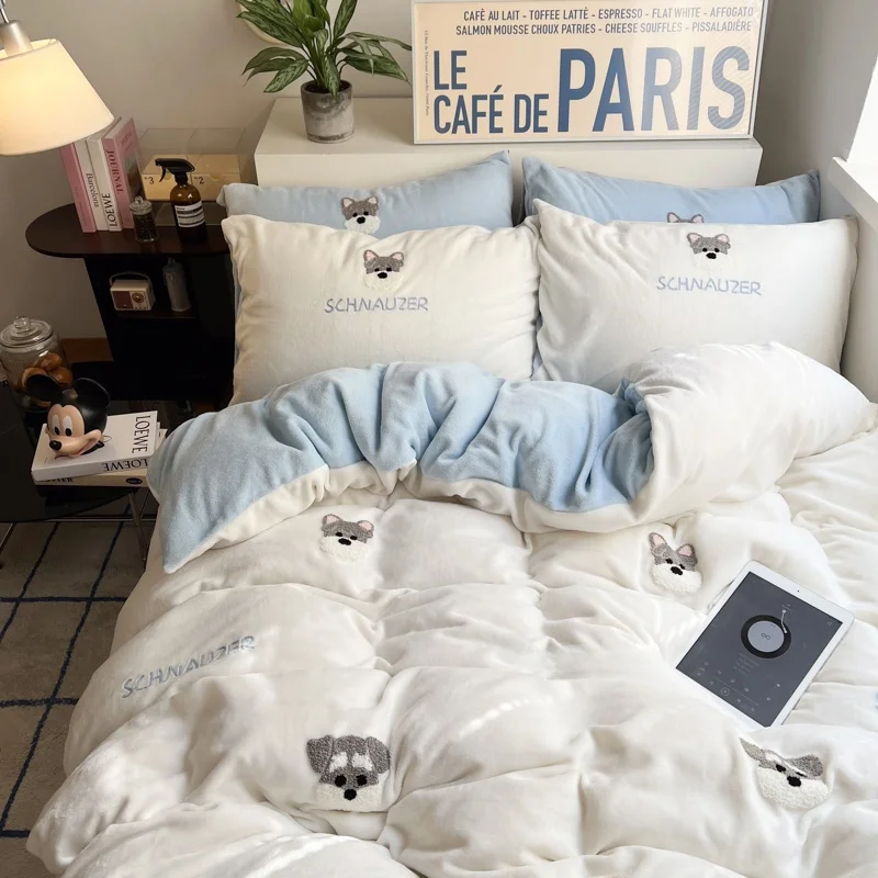 thickened-winter-coral-fleece-bedding-set-embroidered-puppy-milk-velvet-quilt-cover-pure-color-bedding-three-to-four-pieces-set