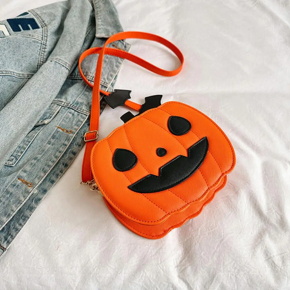 Lady Purse Spooky Halloween Crossbody Bag with Pumpkin Shape Demon Bat Design Adjustable Strap Zipper Closure for Travel Dating