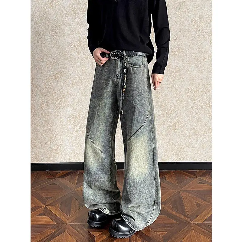 Джинсы с прямыми штанинами, мужские ностальгические джинсовые брюки в стиле ретро, мешковатые новые длинные джинсы, персонализированные брюки с заплатками, джинсы с перетаскиванием