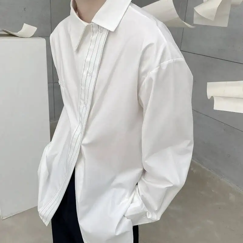 Minimalist Men's Shirt Asymmetrical Placket Stitched Detail Oversized Fit Long Sleeve Casual Niche Blouse Top BFR5